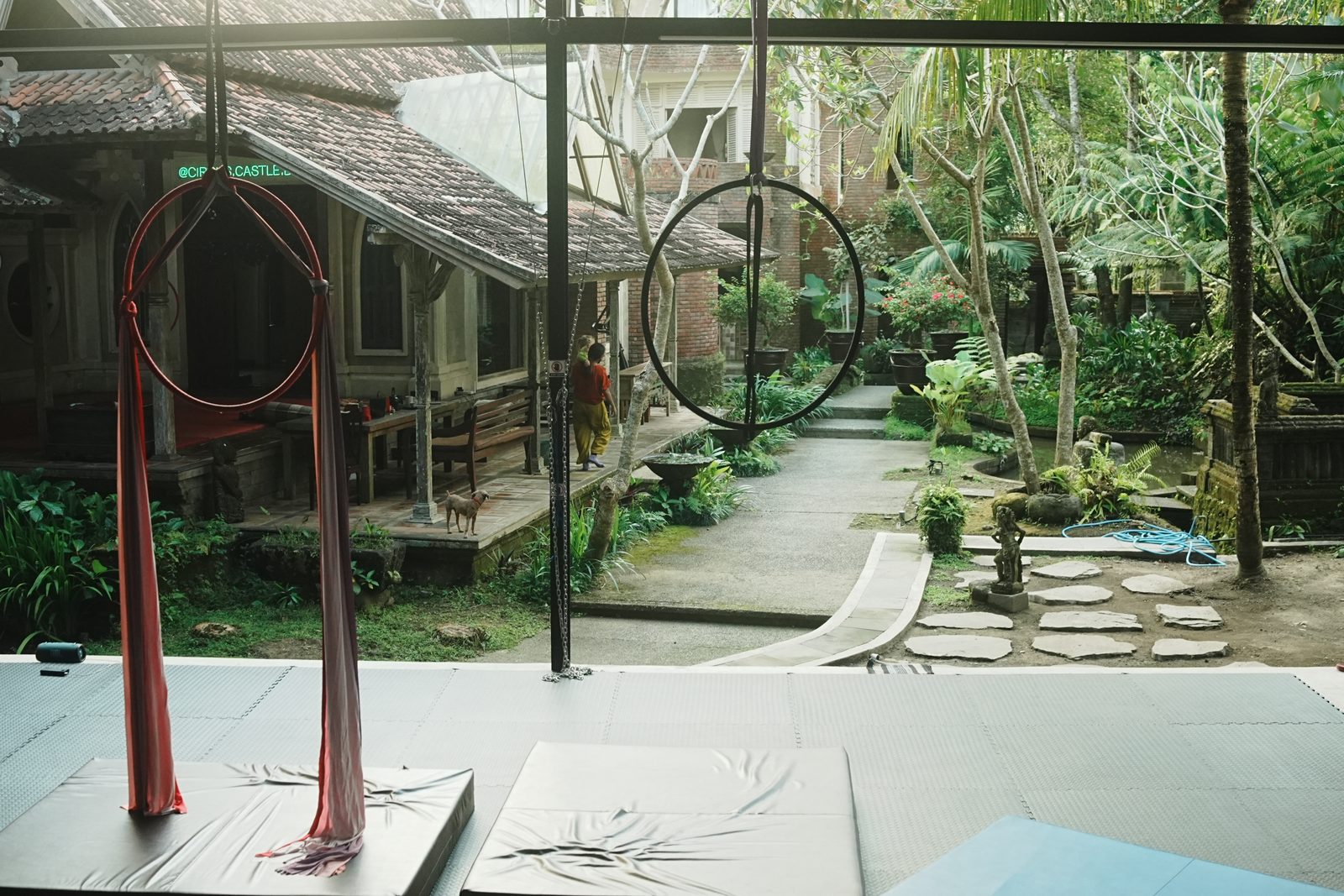 Silks and hoop rigged beside the garden