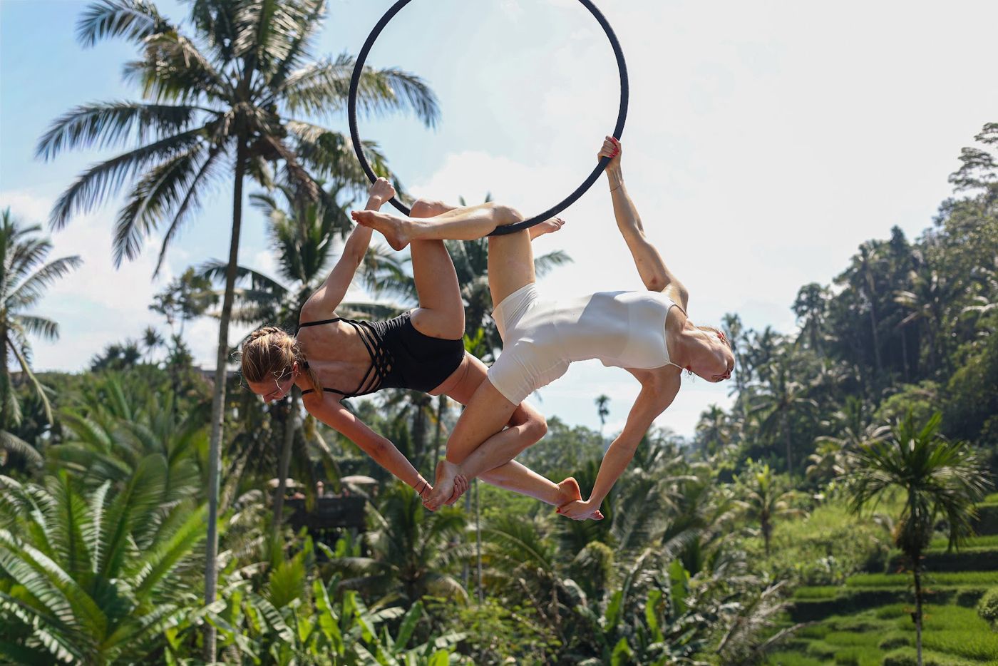 Aerial hoop photoshoot over the rice terraces